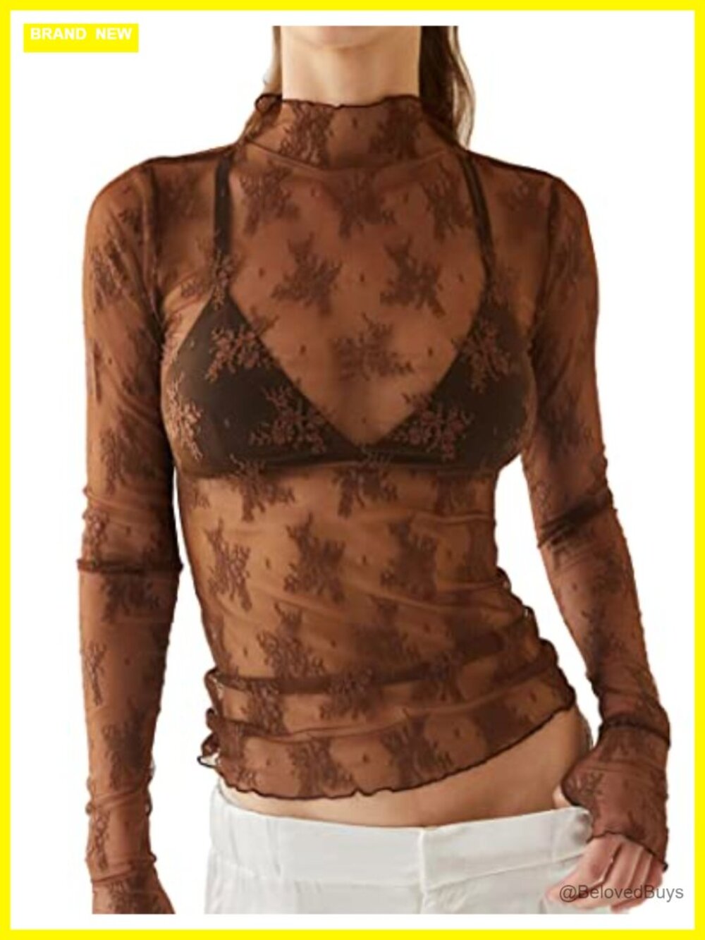 Lace Long Sleeve Mesh Top Mock Neck Sheer Blouse